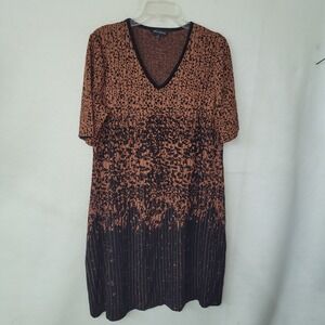 Ming Wang‎ Dress Medium Brown Black Print Knit V Neck Short Sleeve Designer